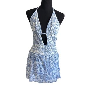 SHEIN Womens Floral Halter Open Back Tiered Ruffle Mini Dress Size S Resort Boho